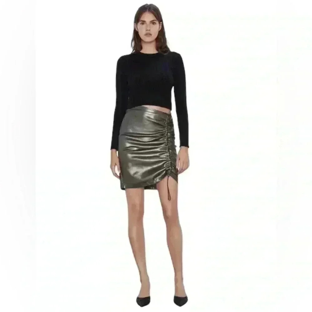 Zara Women's M Gray Green Metallic Ruched Bodycon Pencil Skirt Side Zip NWT